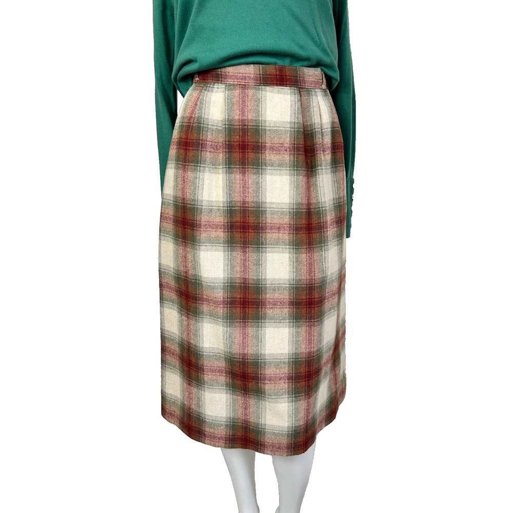 70s CollegeTown Skirt Plaid Midi Size X-Small Pocket Flare USA Tan Red Green EUC